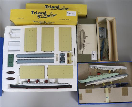 A Minic Ship Ocean Terminal Set, three Tri-ang 1:1200 scale Waterline Models (all boxed) and six other waterline models